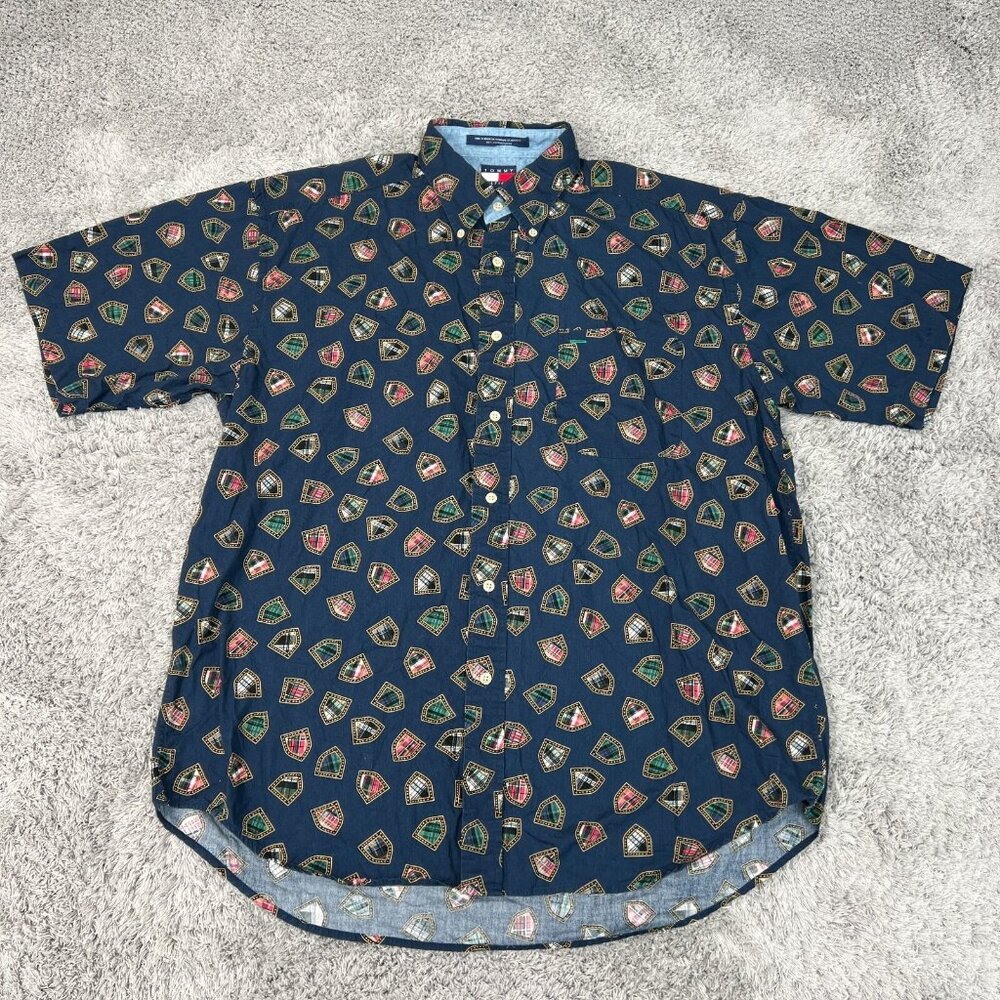 Vintage Tommy Hilfiger Shirt Large Blue Short Sleeve Button Crest All Over Print